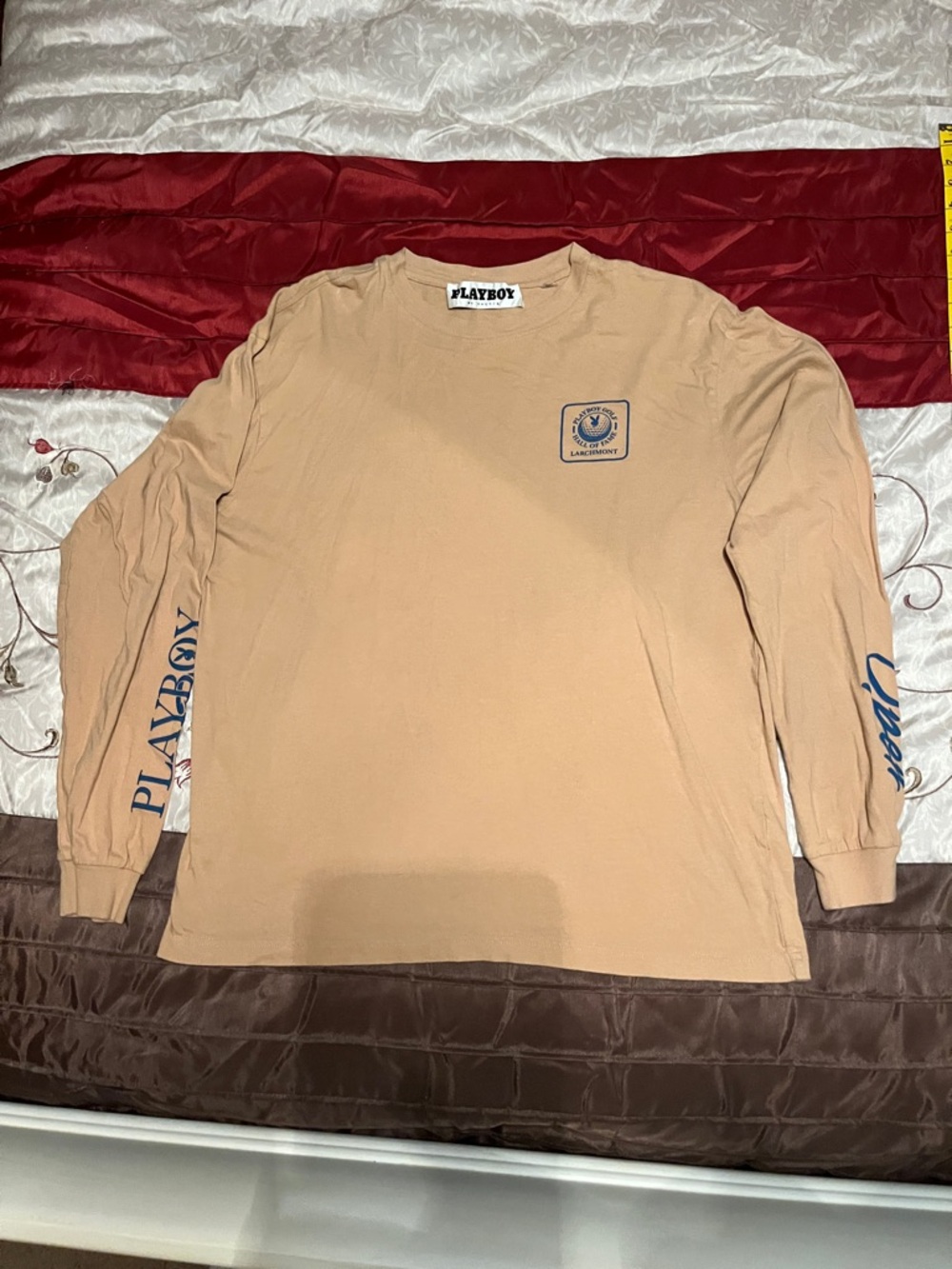 PLAYBOY Men's Long Sleeve Crewneck Shirt - Beige with Blue Logos